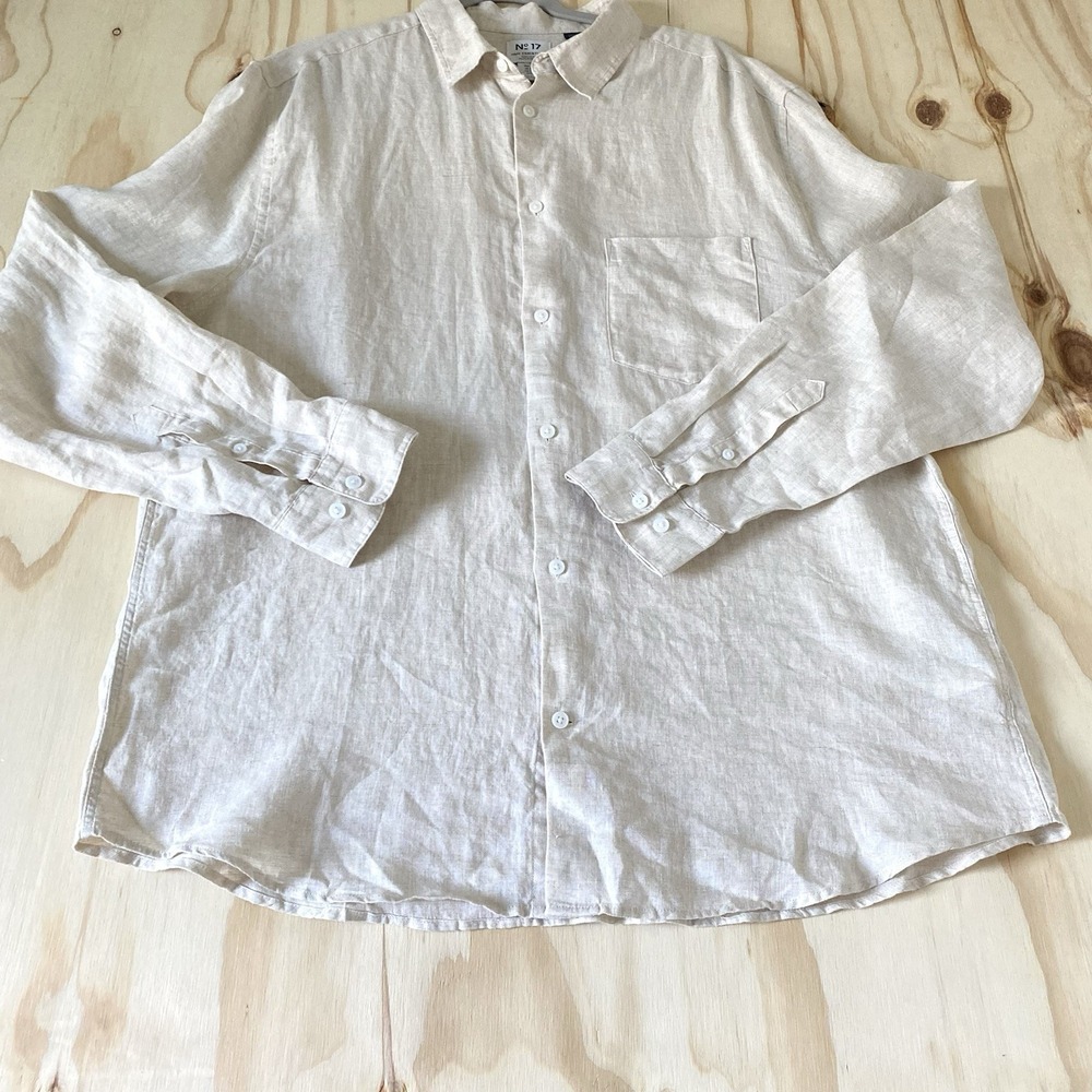 No17 H&M Essentials Shirt Men's Size XL 100% Linen Long Sleeve Cream Button Down